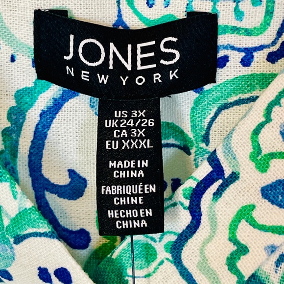 Jones New York NWT 3X Linen Blend Top Blouse Blue Green Medallion Tunic $79 - Picture 4 of 7
